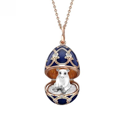 FABERGE-Heritage Rose Gold Dark Blue Guilloché Enamel Polar Bear Surprice Pendant 2982/14