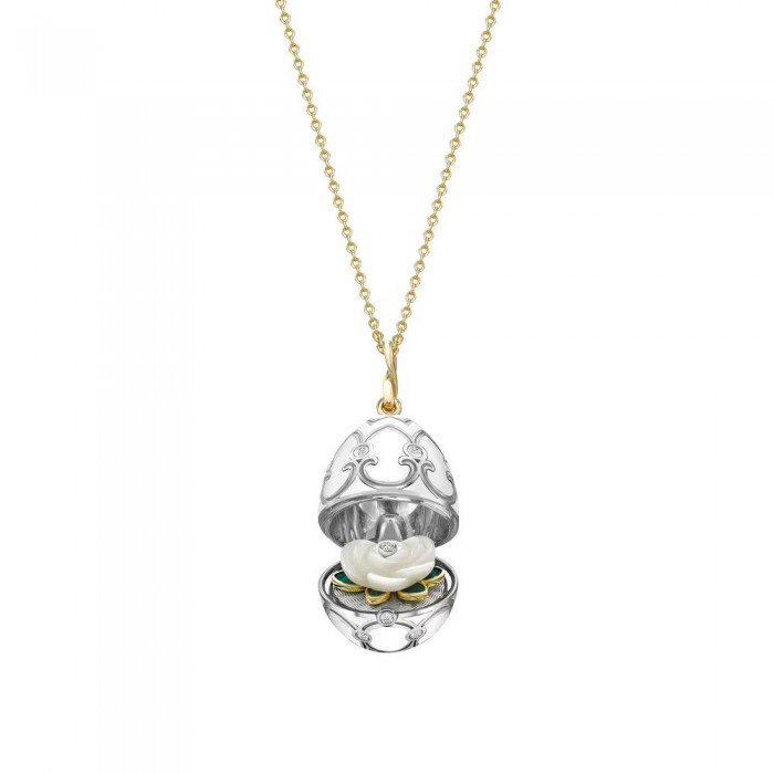 FABERGE- White And Yellow Gold Diamonds and White Enamel Carved Mother of Pearl Surprise Rose Pendant 3368/2 FABERGE- White And Yellow Gold Diamonds and White Enamel Carved Mother of Pearl Surprise Rose Pendant 3368/2