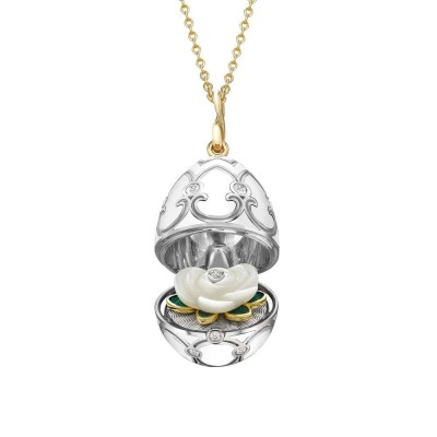 FABERGE- White And Yellow Gold Diamonds and White Enamel Carved Mother of Pearl Surprise Rose Pendant 3368/2