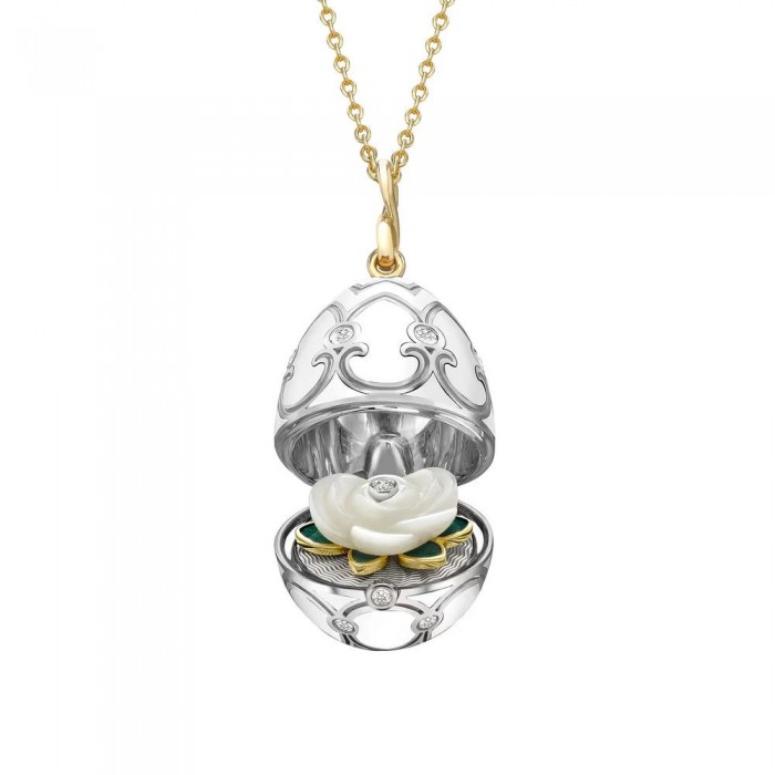 FABERGE- White And Yellow Gold Diamonds and White Enamel Carved Mother of Pearl Surprise Rose Pendant 3368/2 FABERGE- White And Yellow Gold Diamonds and White Enamel Carved Mother of Pearl Surprise Rose Pendant 3368/2