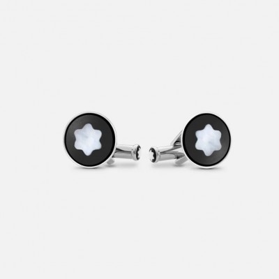 MONTBLANC - Round Cufflinks in Stainless Steel with Black PVD Inlay and Mother-of-Pearl Snowcap Emblem 123810 MONTBLANC - Round Cufflinks in Stainless Steel with Black PVD Inlay and Mother-of-Pearl Snowcap Emblem 123810