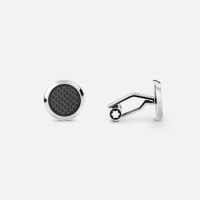 MONTBLANC - Round Cufflinks in Stainless Steel with Carbon-Patterned Inlay 124295 MONTBLANC - Round Cufflinks in Stainless Steel with Carbon-Patterned Inlay 124295